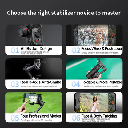 3-Axis Smartphone Gimbal Stabilizer With Magnetic Fill Light