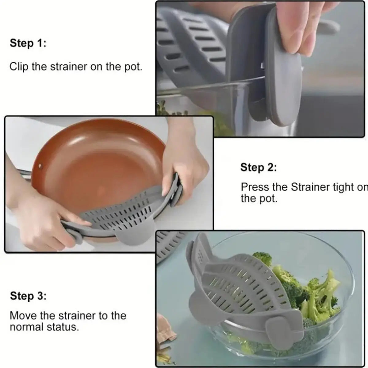 Clip-On Pot Strainer For Pots, Pans And Bowls